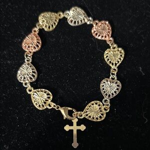 Chic Tri-Color Heart Bracelet with Cross Charm